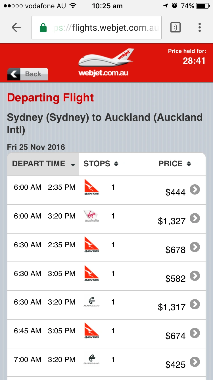 Legacy Webjet mobile web flight results: a dense sortable table of departure times, stops and prices, with a price-hold countdown in the header.