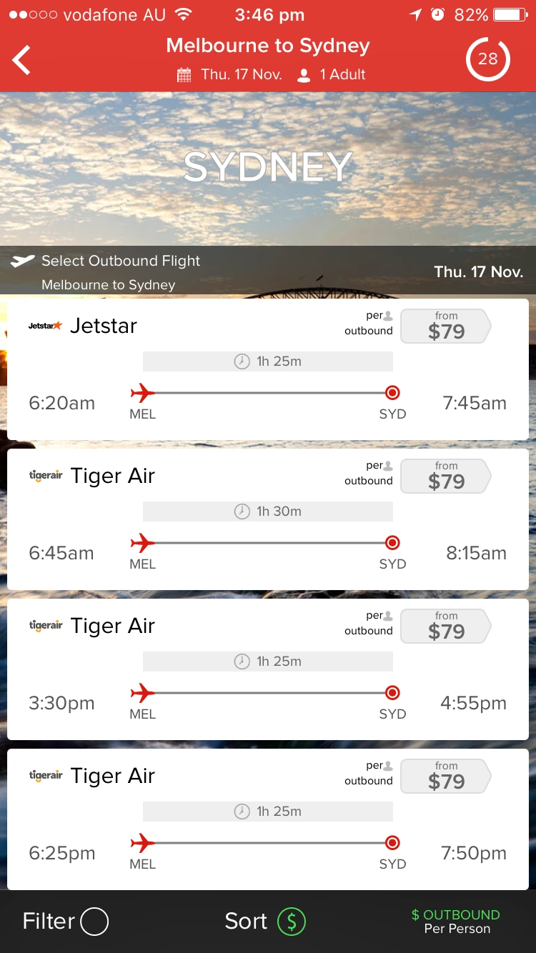 Legacy Webjet iOS app flight results with a hero destination photograph and timeline-style flight cards.