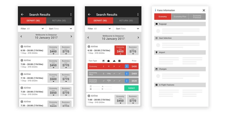 External agency wireframes for mobile flight search: a results list with Economy and Business price columns, and an expanded fare comparison table using icons to indicate fare differences.