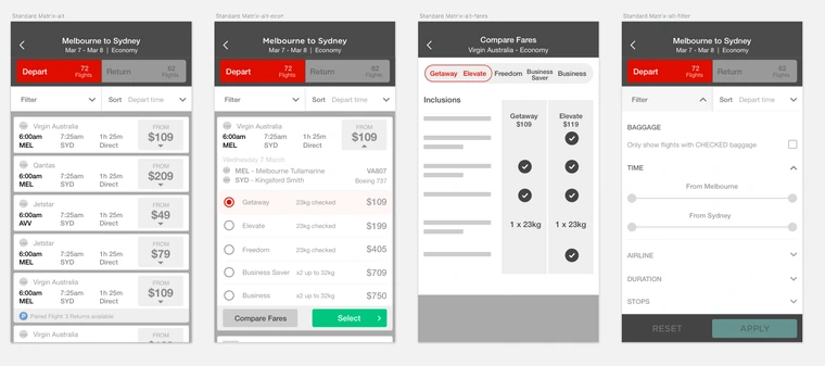 Polished wireframes with one card per flight, all cabin classes moved inside the expanded card, non-standard airports called out by airport code, and a paired flight strip below a card.