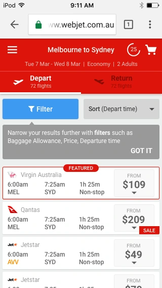High-fidelity mobile flight results mock in a browser frame, with a FEATURED card, a blue Filter button, a Sort dropdown and a dismissible tip about narrowing results.