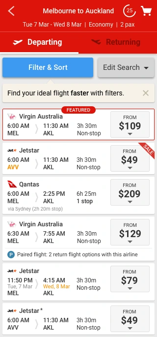 Mobile results screen with Filter and Sort combined into a single blue control, an Edit Search control beside it, a FEATURED card, and a paired flight strip below one of the flights.
