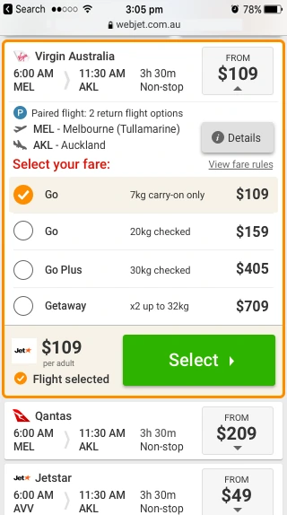 Expanded paired flight card on the departing results, with a P badge reading Paired flight: 2 return flight options, airport details and four selectable fares.