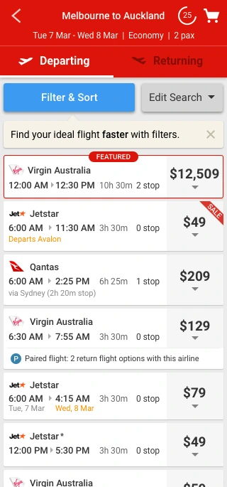 Results cards after the density pass: shorter cards, duration and stops on one line, Departs Avalon flagged in orange, and a next-day arrival shown as two dates in orange.