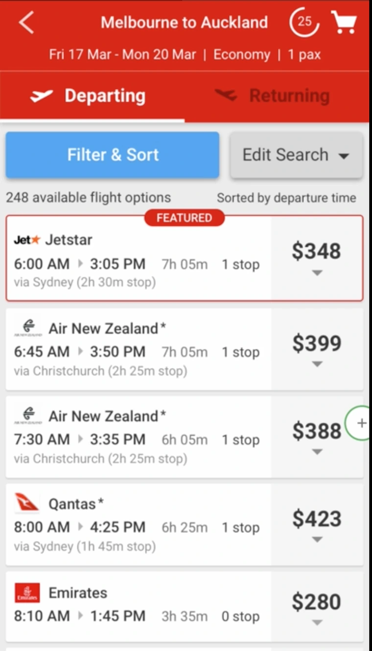 Round one prototype: non-sticky header, blue Filter and Sort button, depart and return tabs, the sort order line above a FEATURED Jetstar card.