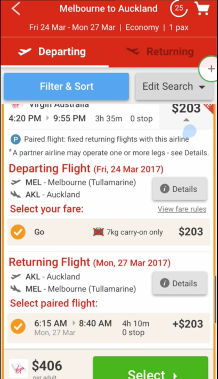Round two expanded card combining a Departing Flight section and a Returning Flight section, each with its own fare list, into a single paired flight card.