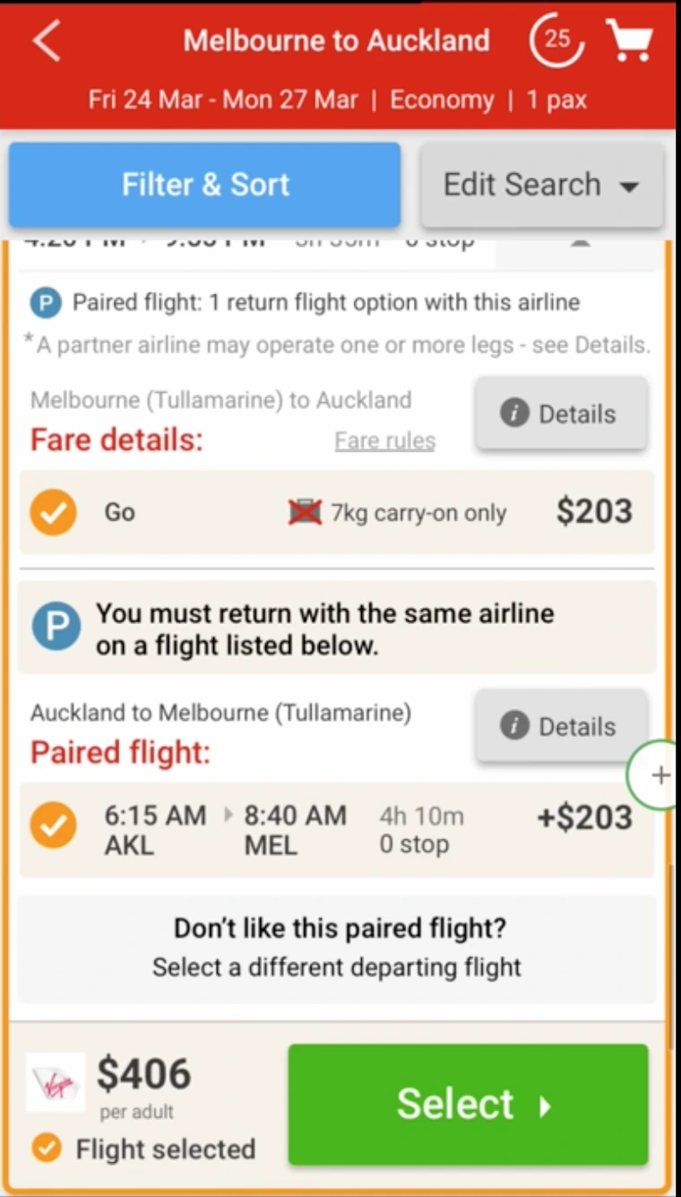 Round three expanded paired flight card with added explanation, a notice that you must return with the same airline, and a link to select a different departing flight.
