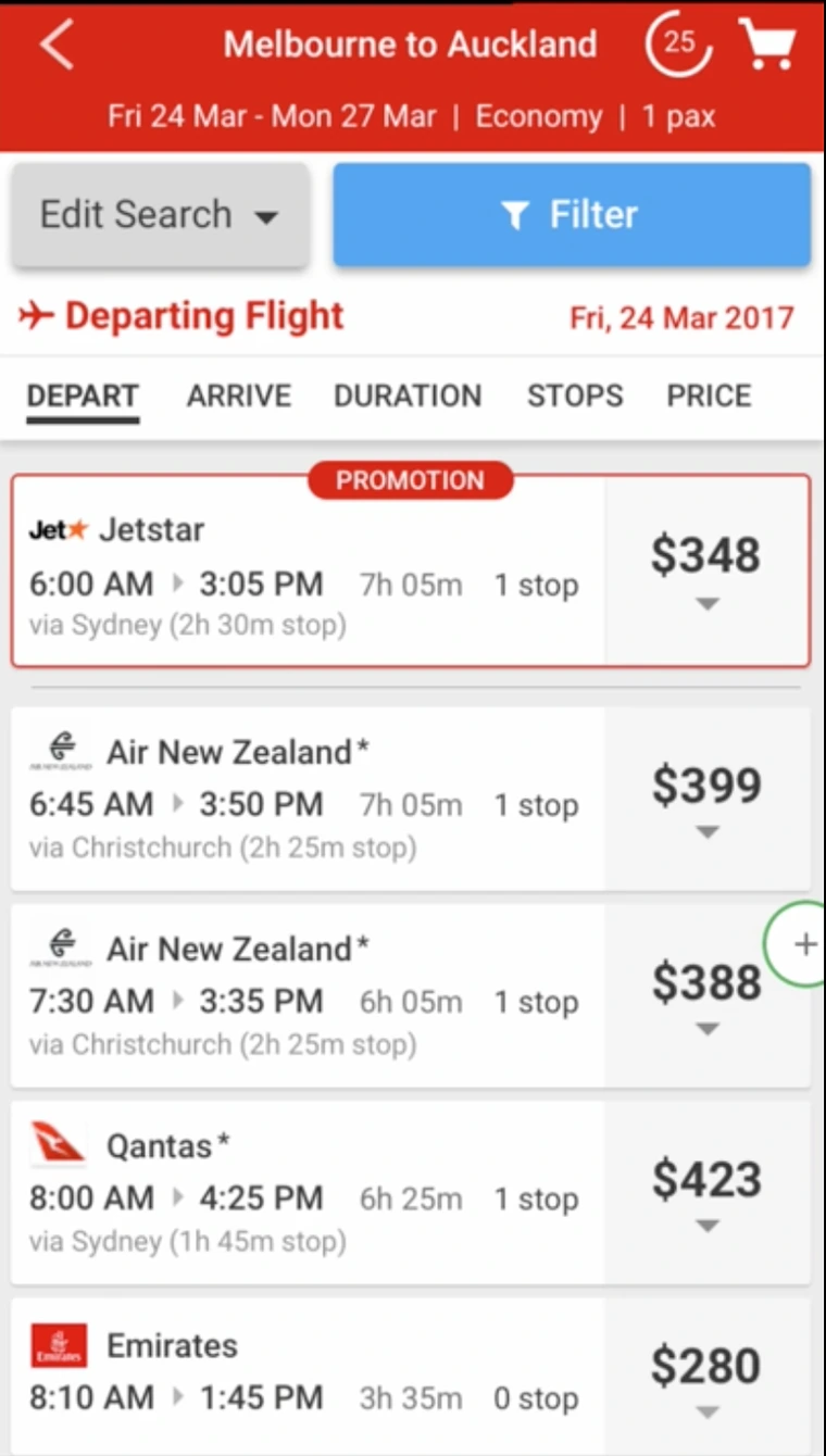 Round four prototype with sortable column headers, a persistent Departing Flight imperative with the date, and a PROMOTION label replacing FEATURED.