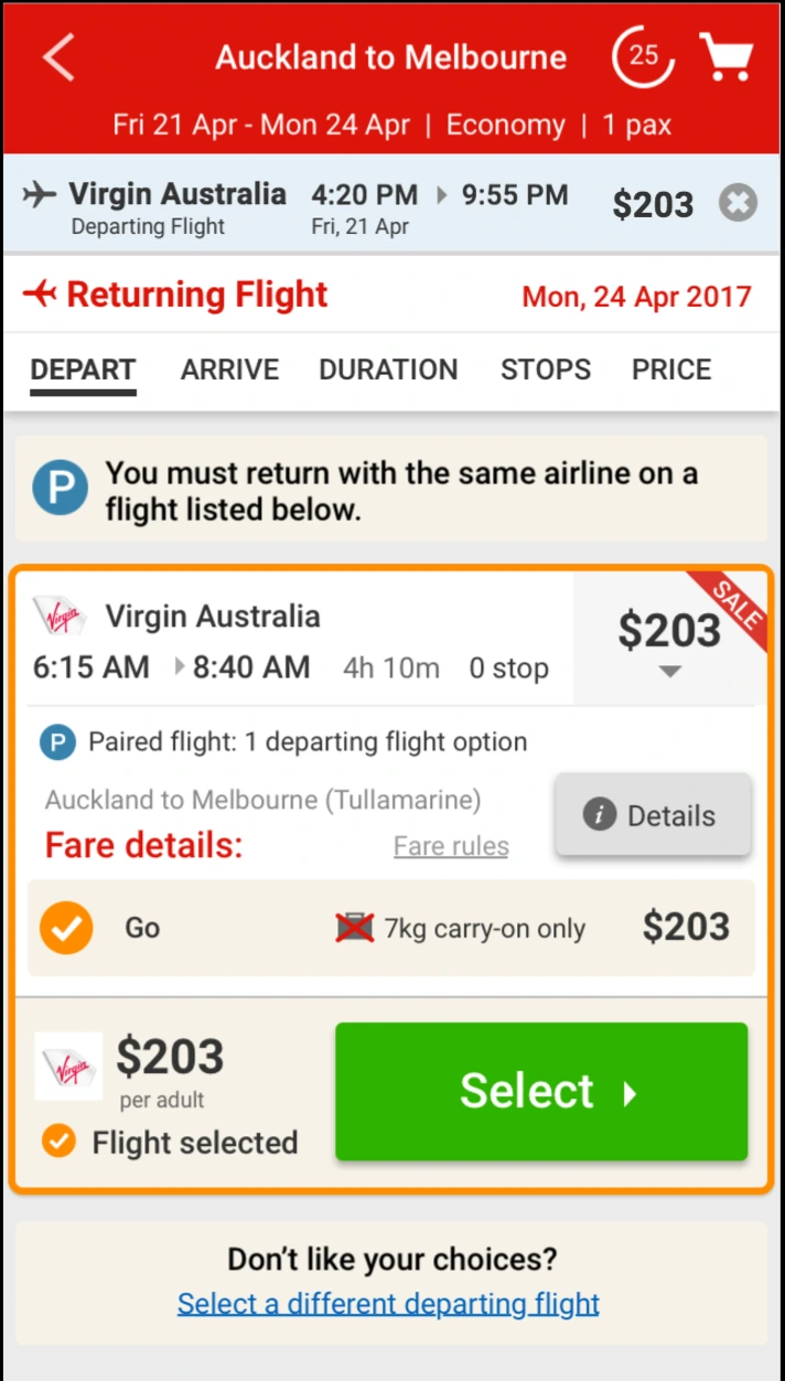 Round five returning flight screen with the selected departing flight shown in a strip at the top, a reversed header, and the returning imperative and date below it.