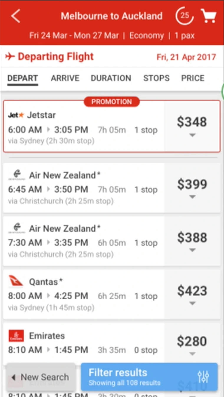 Final mobile flight search results screen with sortable headers and a paired-flight promotion card
