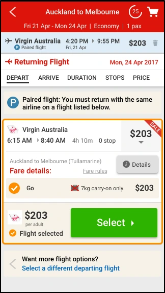 Round six returning flight screen with a paired flight icon on the selected flight strip, a Paired flight prefix on the explanation, and a Want more flight options call to action.
