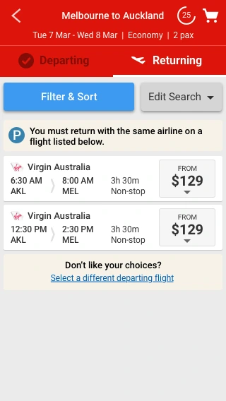 Returning flight results showing only two permitted paired options, a notice that you must return with the same airline, and a link reading Select a different departing flight.
