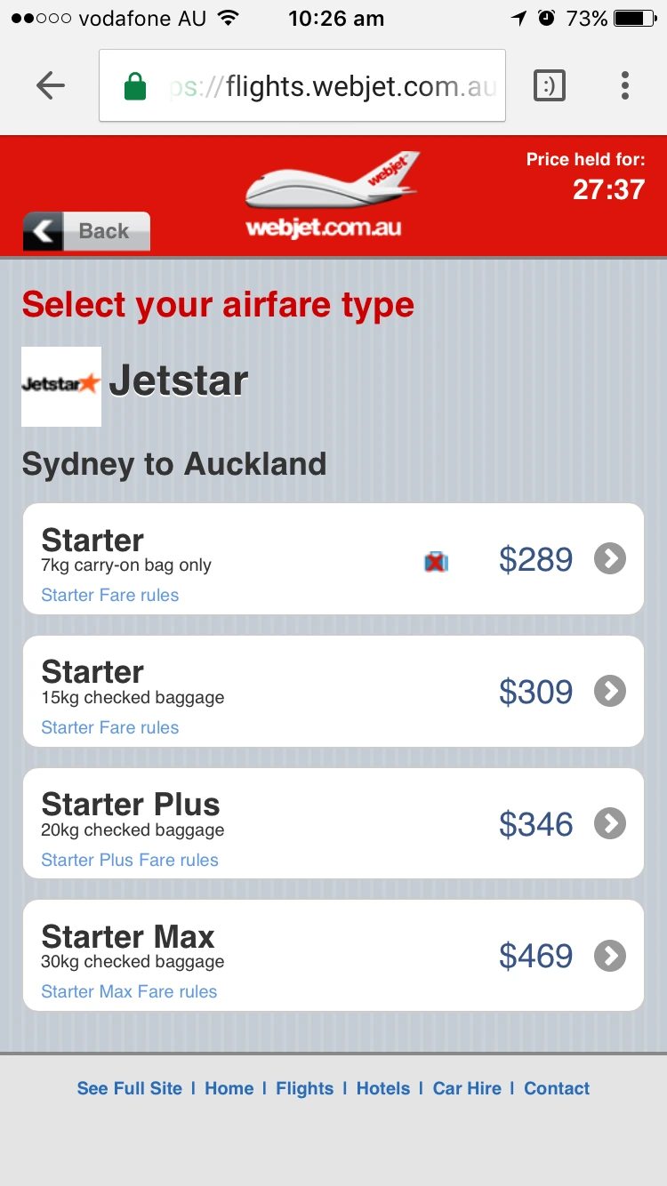 Legacy mobile web fare type selection on its own screen, listing Starter, Starter Plus and Starter Max options.