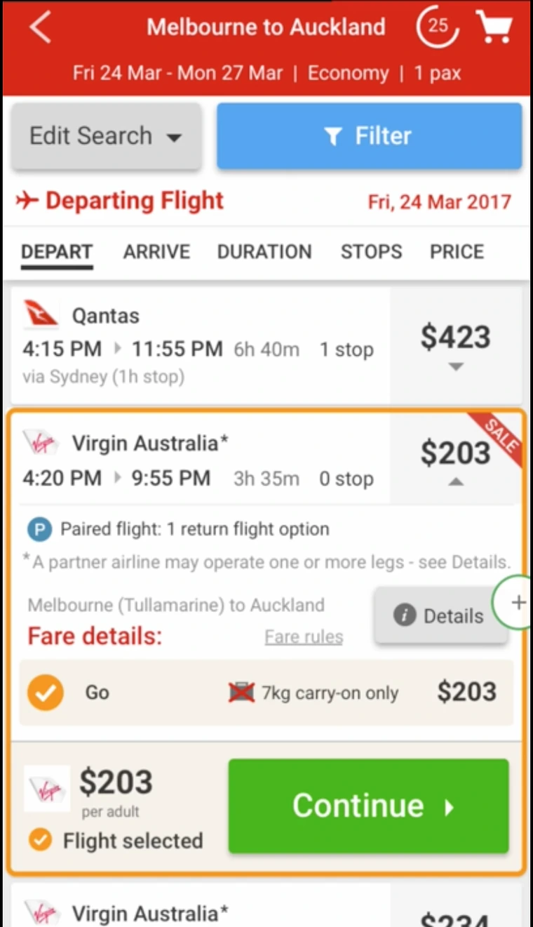 Round four expanded paired flight card on the departing results, showing the paired flight notice, fare details and a green Continue button.