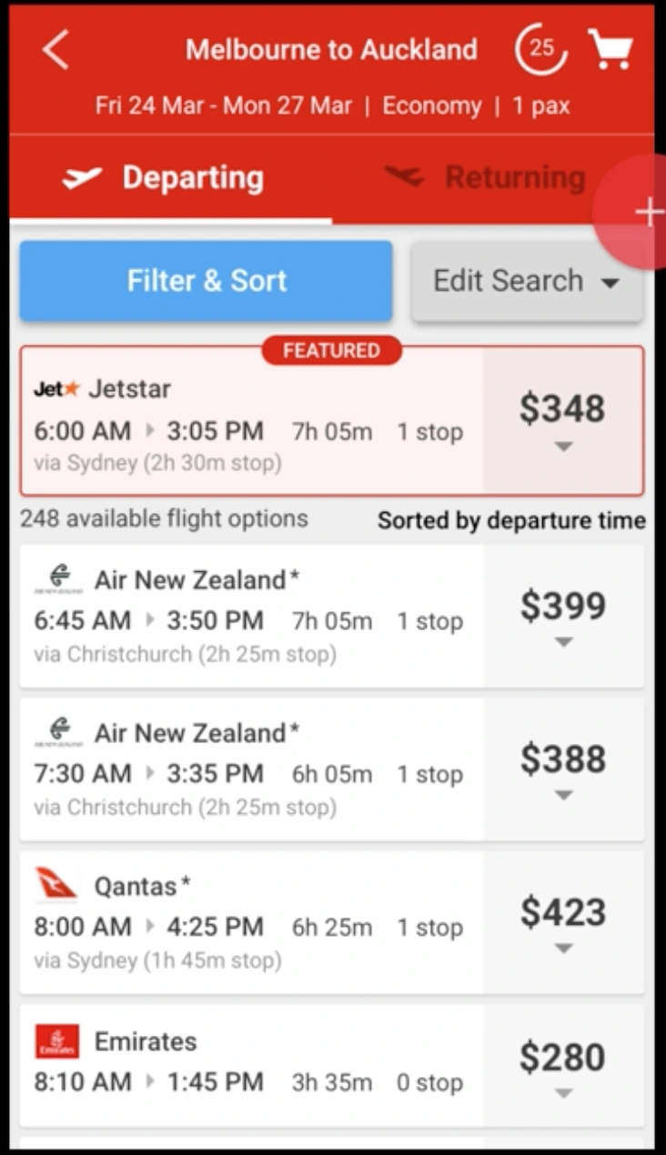 Round two results list with a sticky header, depart and return tabs, and the FEATURED Jetstar card on a tinted background above the sort order line.