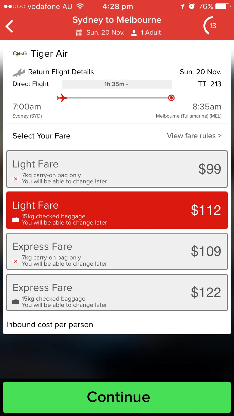Legacy iOS app fare selection inside the flight detail screen, listing Light Fare and Express Fare options with baggage allowances.