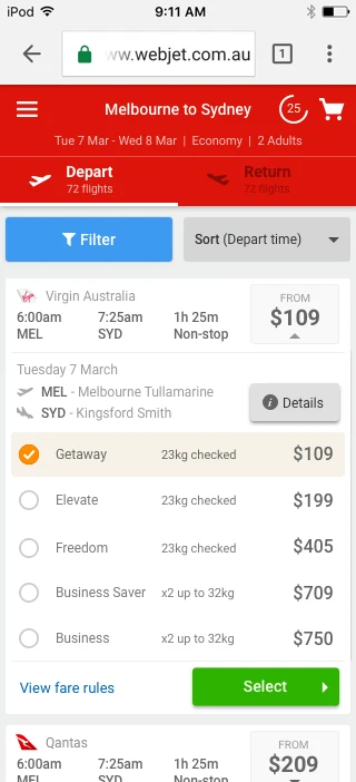 Expanded flight card in the hi-fi mock showing airport details, five selectable fares from Getaway to Business, a View fare rules link and a green Select button.