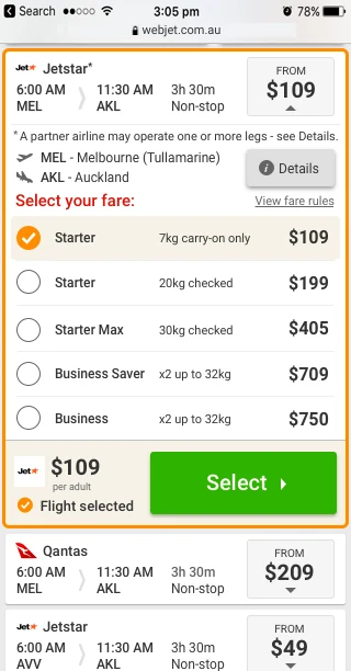 Expanded Jetstar flight card outlined in the pattern library's Selected Orange, showing partner airline footnote, airport details, five fares and a green Select button with the selected fare price.