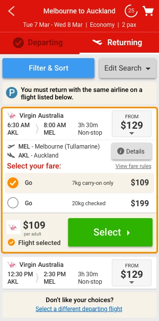 Expanded returning paired flight card with fare options, the selected fare price, a green Select button, and a recovery link to select a different departing flight.