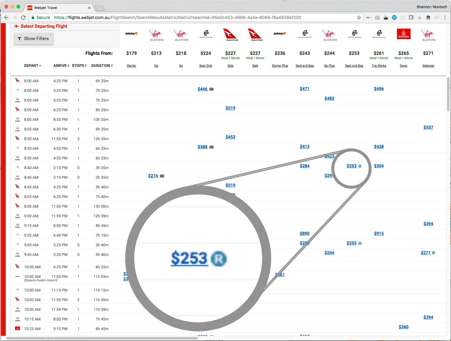 The legacy Webjet flight matrix. Paired fares are marked with a small R icon and, once selected, most returning prices grey out.
