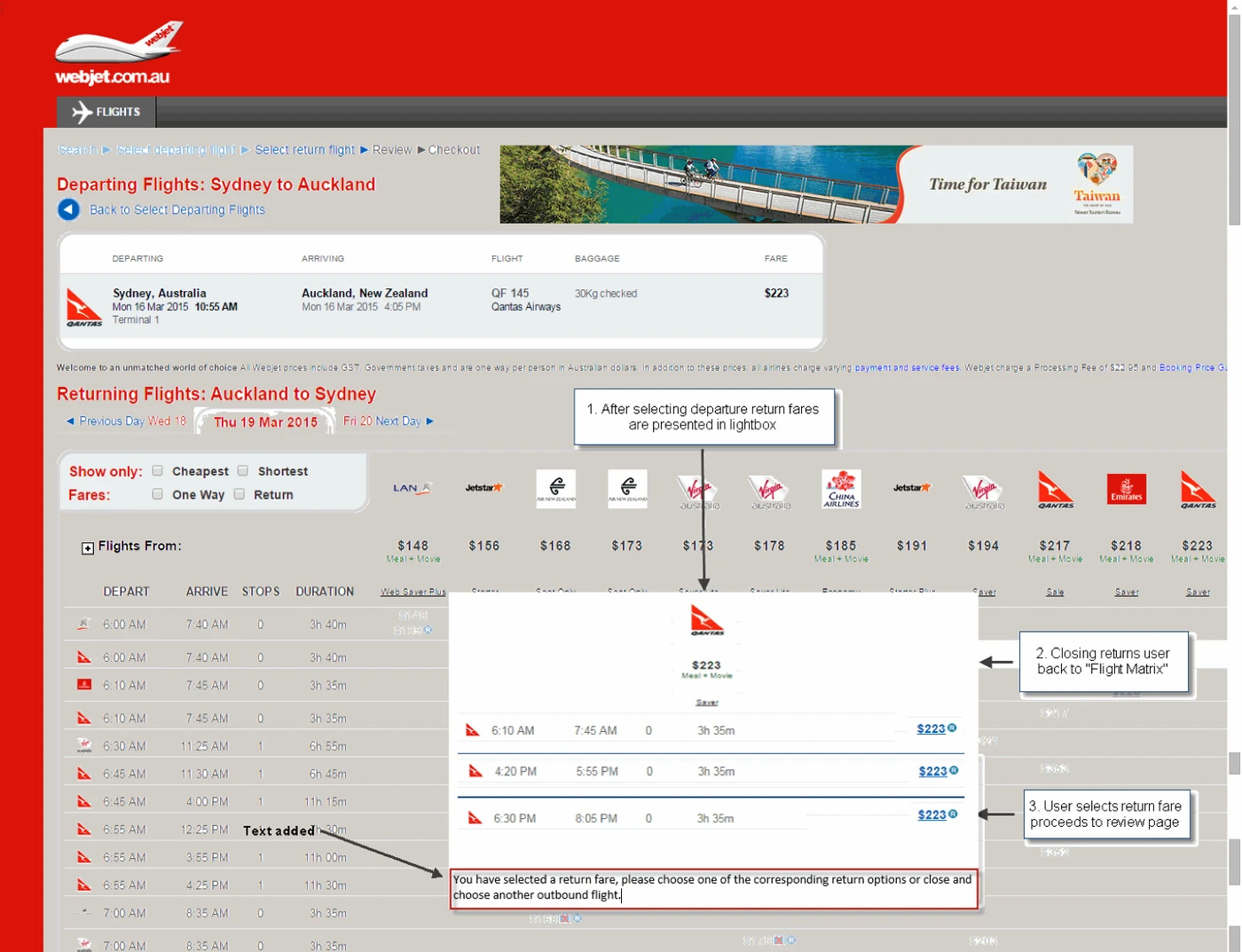 The product team's January 2015 mockup of the paired flight modal, before the UX team existed.