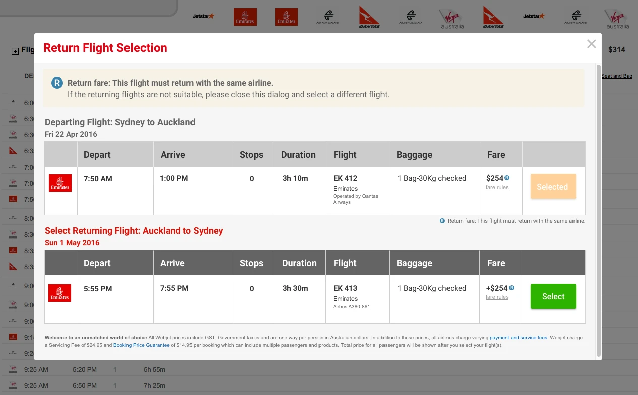 Round two modal with a wide explanatory strip added above the flight list.