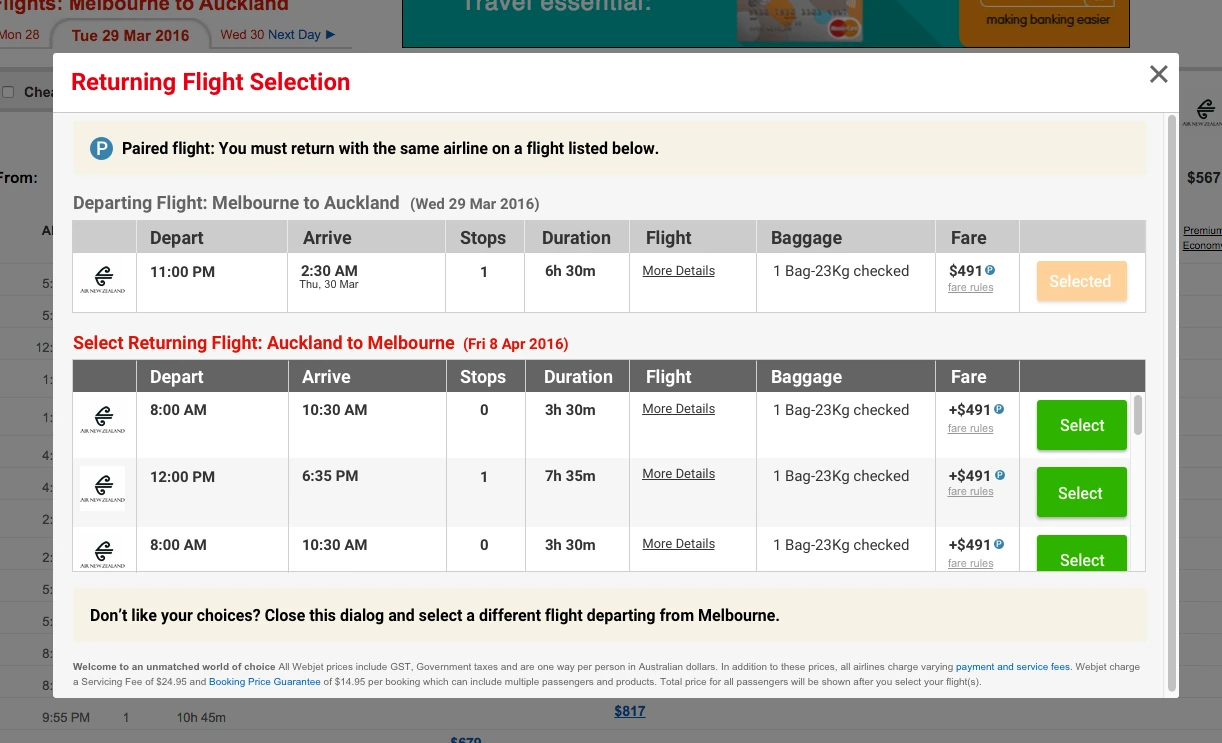 Final paired-flight modal design showing departing flight and selectable returning flights