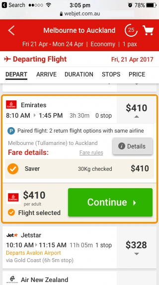 Mobile flight results applying the paired flight terminology to the departing leg.