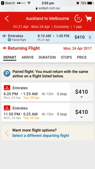 Mobile returning flight screen showing the paired flight explanation and a recovery link.
