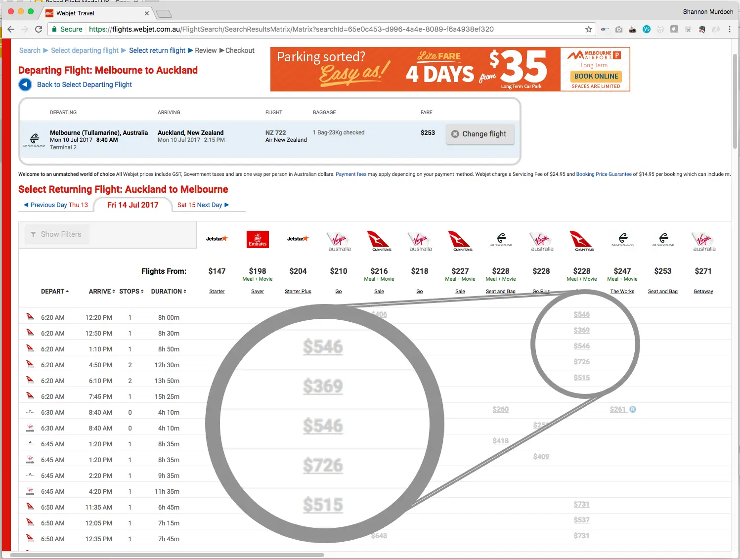The legacy Webjet flight matrix. Paired fares are marked with a small R icon and, once selected, most returning prices grey out.