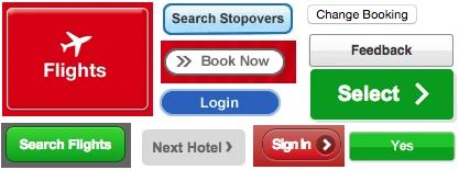 A row of Webjet buttons in wildly different styles: bevelled, gradient, thick-bordered, drop-shadowed and flat.