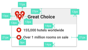 A hand-built design specification annotating colours, padding and font sizes on a UI element.