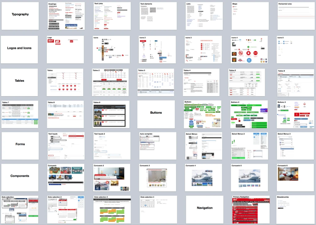 Slide deck grid showing dozens of UI inventory slides grouped by element category.