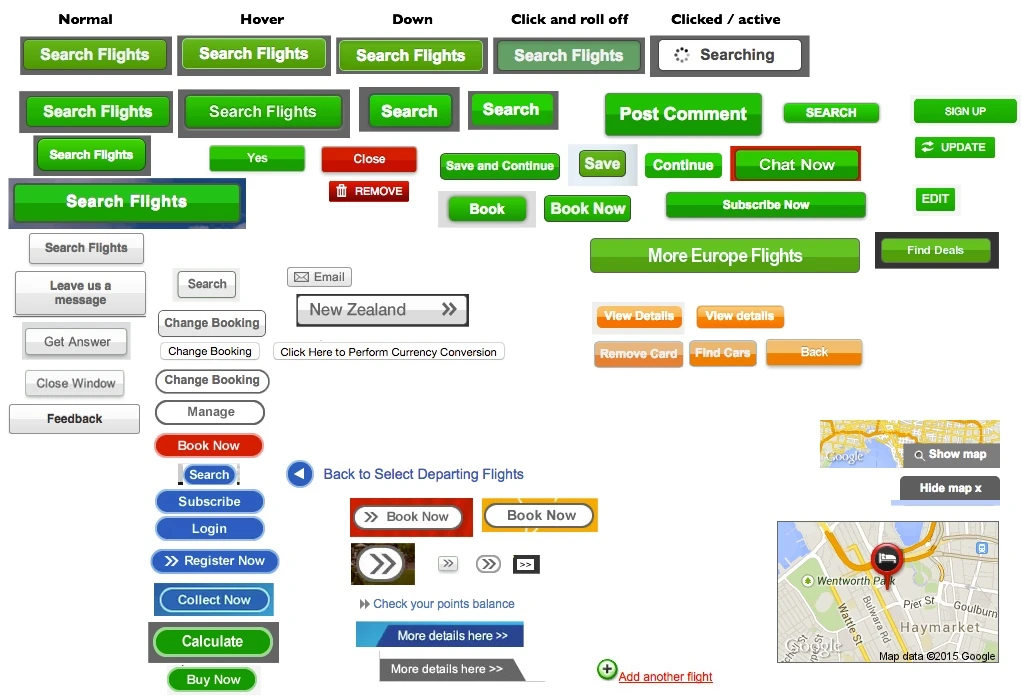 A single inventory slide filled with every distinct button style found across Webjet's properties.