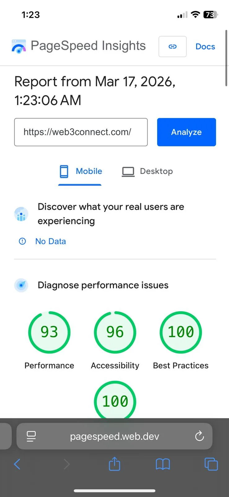 PageSpeed Insights mobile report for web3connect.com showing 93 performance, 96 accessibility, 100 best practices and 100 for the fourth metric.