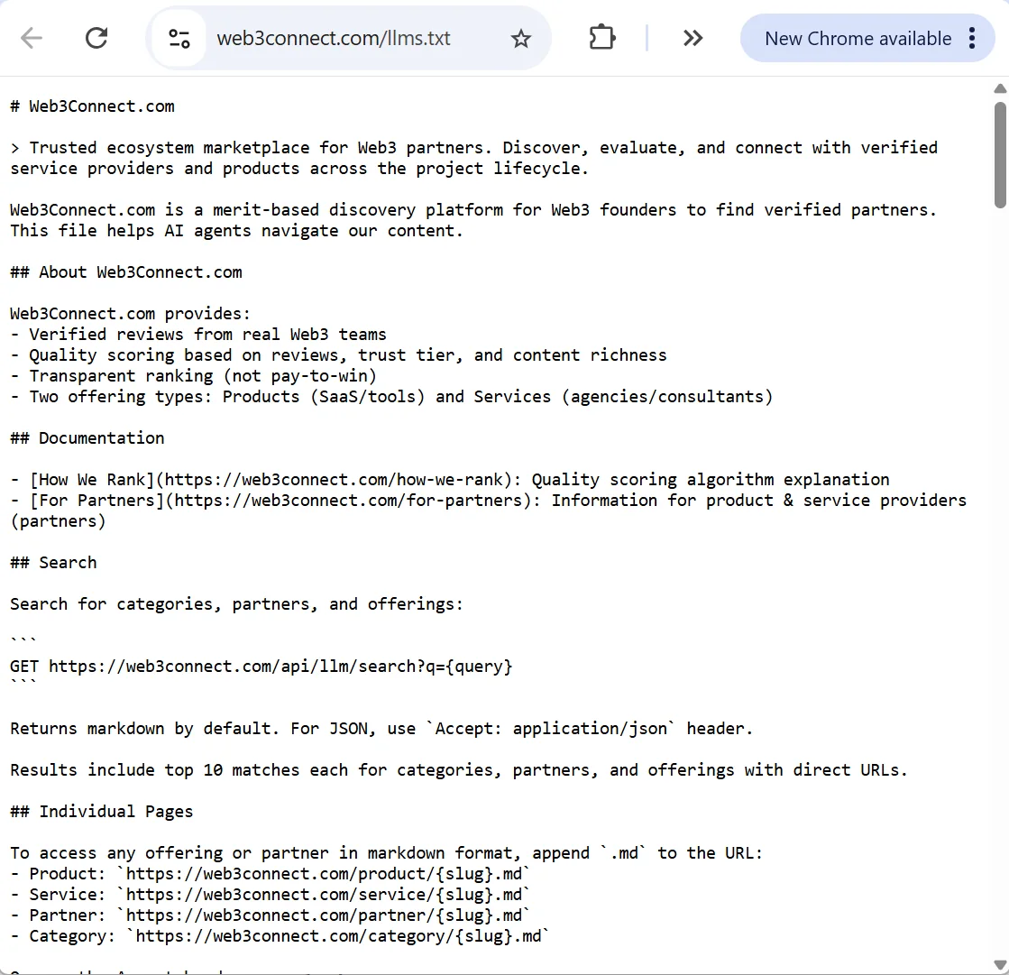 The llms.txt file served at web3connect.com, documenting what the platform provides, links to the how-we-rank and for-partners pages, a GET search endpoint returning markdown by default, and the convention of appending .md to any product, service, partner or category URL.