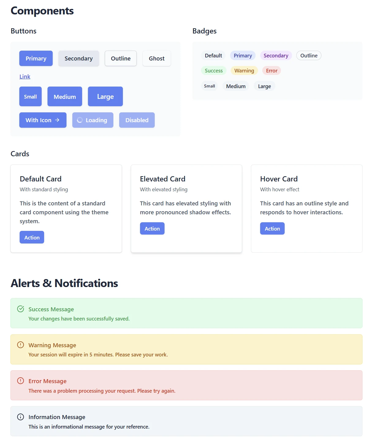 Design system components page showing button variants and sizes, badges, three card styles, and success, warning, error and information alerts.