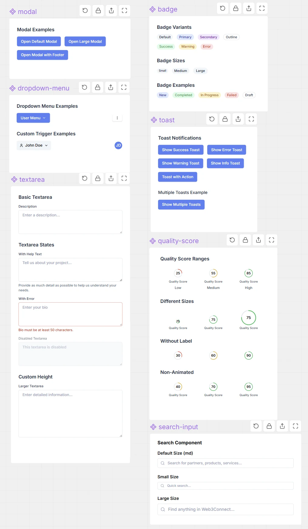 A component gallery canvas showing modal, dropdown menu, textarea, badge, toast, quality score and search input components with their variants.