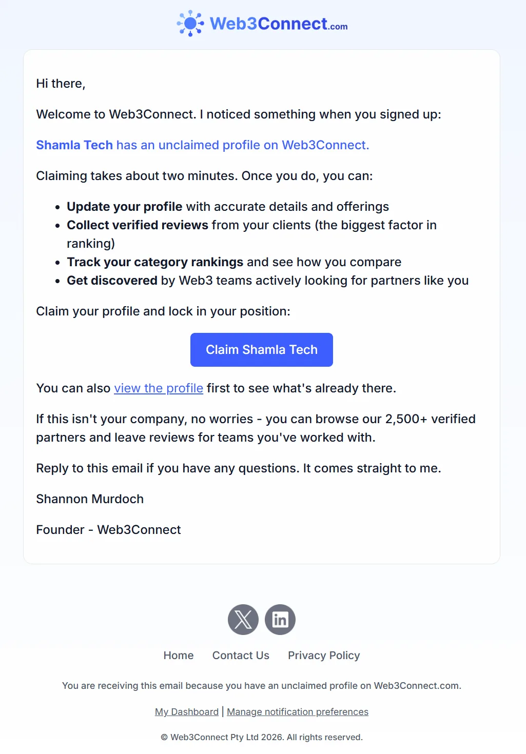 Welcome email reading: I noticed something when you signed up. Shamla Tech has an unclaimed profile on Web3Connect. Claiming takes about two minutes, with a Claim Shamla Tech button.