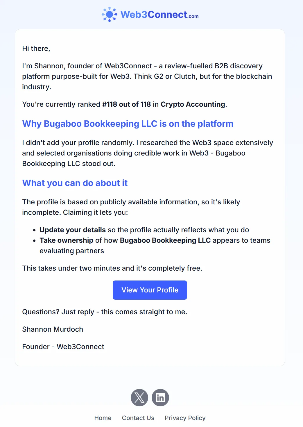 Cold outreach email opening with the recipient's current rank, 118 out of 118 in Crypto Accounting, then explaining why the company was added to the platform and what claiming the profile enables.