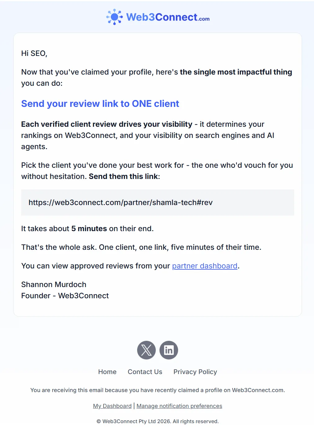 Email headed 'Send your review link to ONE client', giving the partner's personal review URL in a copyable block and stating it takes about five minutes on the client's end.