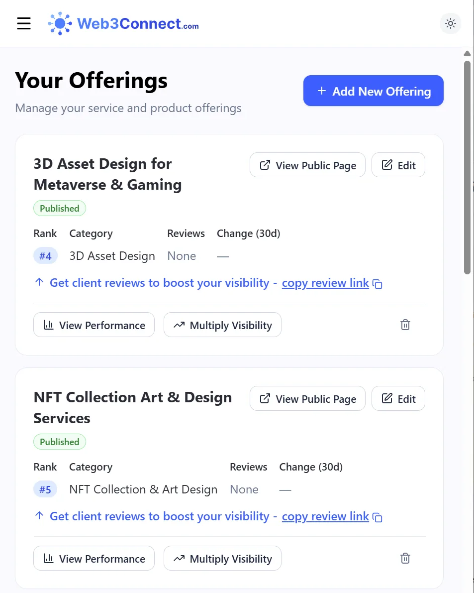 Partner dashboard offerings list. Each offering card shows its category rank, review count, 30-day change, a copy review link prompt, and View Performance and Multiply Visibility actions.