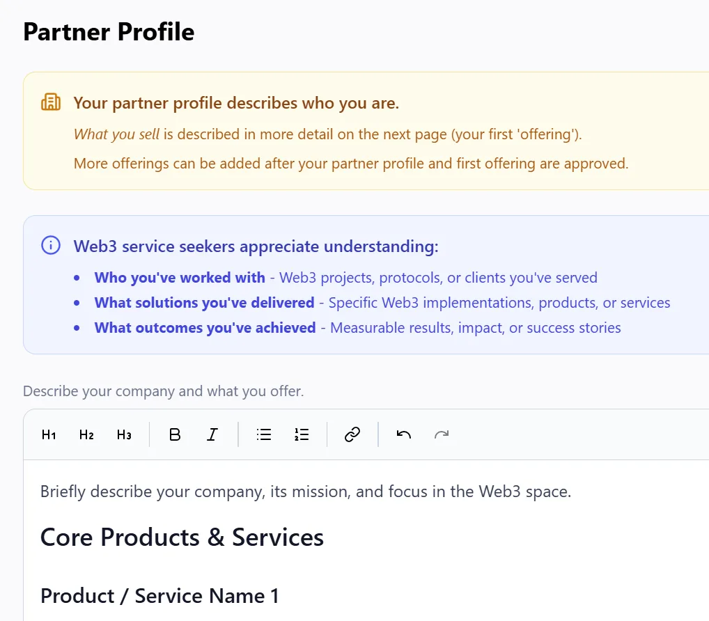 Partner profile step with an explanatory panel: your partner profile describes who you are, what you sell is described on the next page as your first offering.