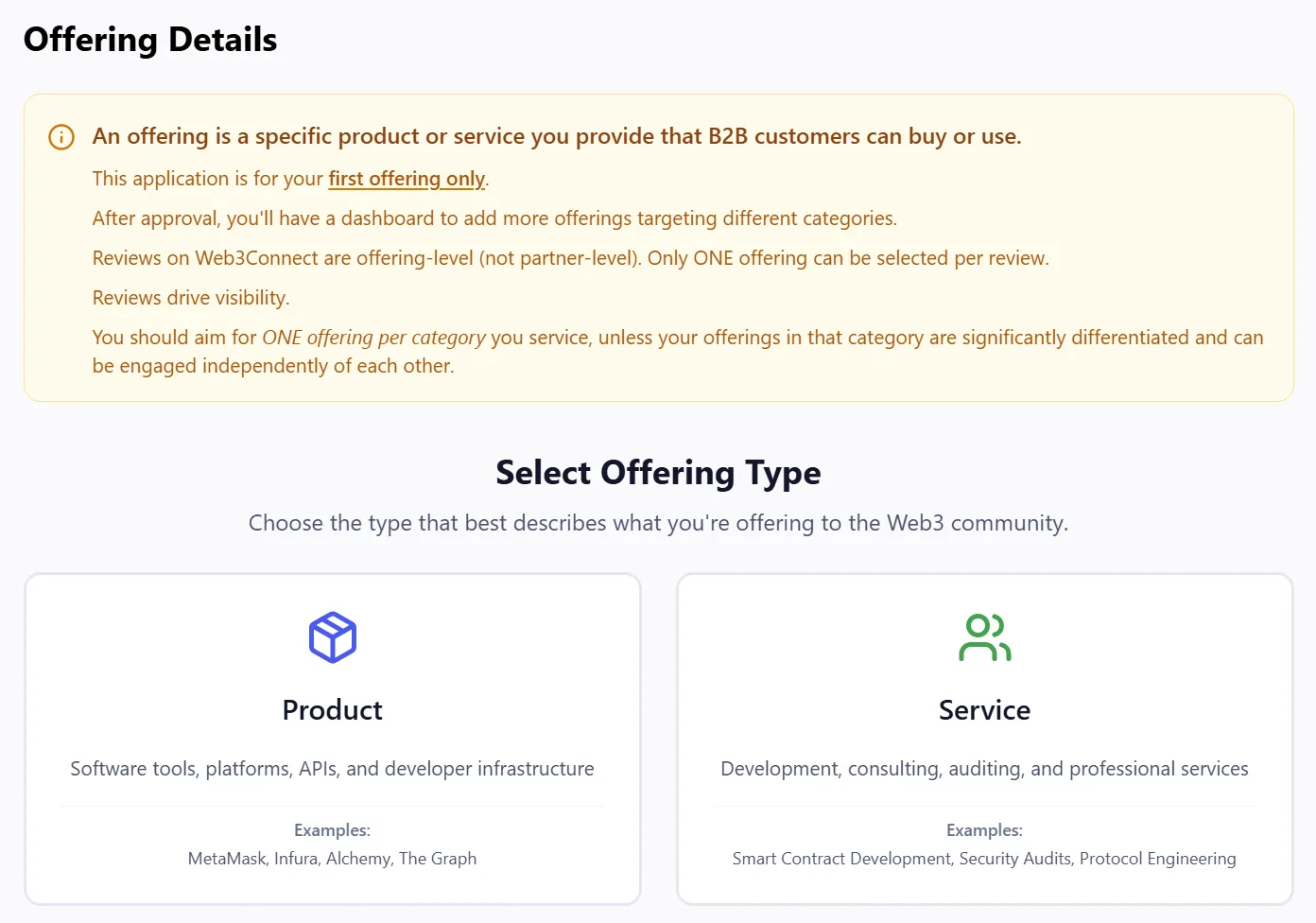Offering details step with an explanatory panel defining an offering, noting reviews are offering-level not partner-level, and advising one offering per category serviced.