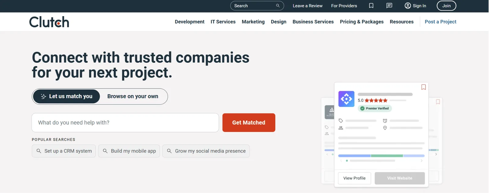 The Clutch homepage: Connect with trusted companies for your next project, with a matching form and a verified provider card.