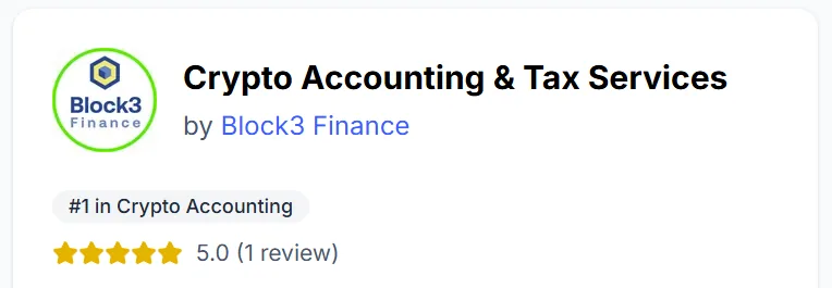An offering header showing Crypto Accounting and Tax Services by Block3 Finance, with a number one in Crypto Accounting badge and a five star rating from one review.