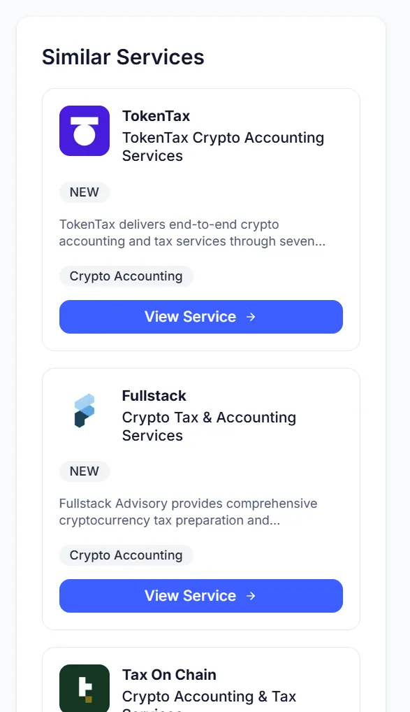A Similar Services module on a partner page listing three competing crypto accounting offerings, each with a View Service button.