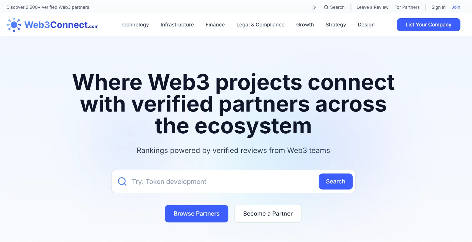 Web3Connect homepage: Where Web3 projects connect with verified partners across the ecosystem, with the subhead Rankings powered by verified reviews from Web3 teams.